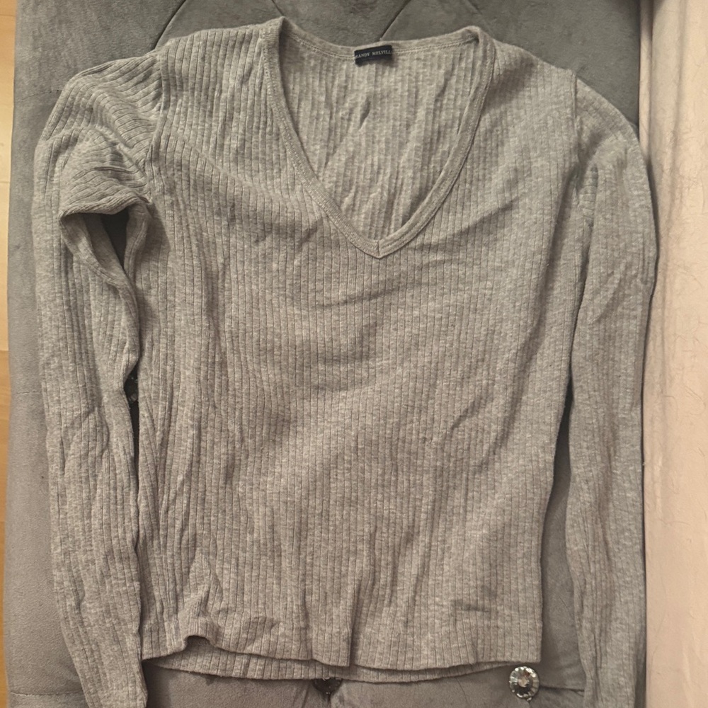 Brandy Melville Grey Ribbed V-Neck Top